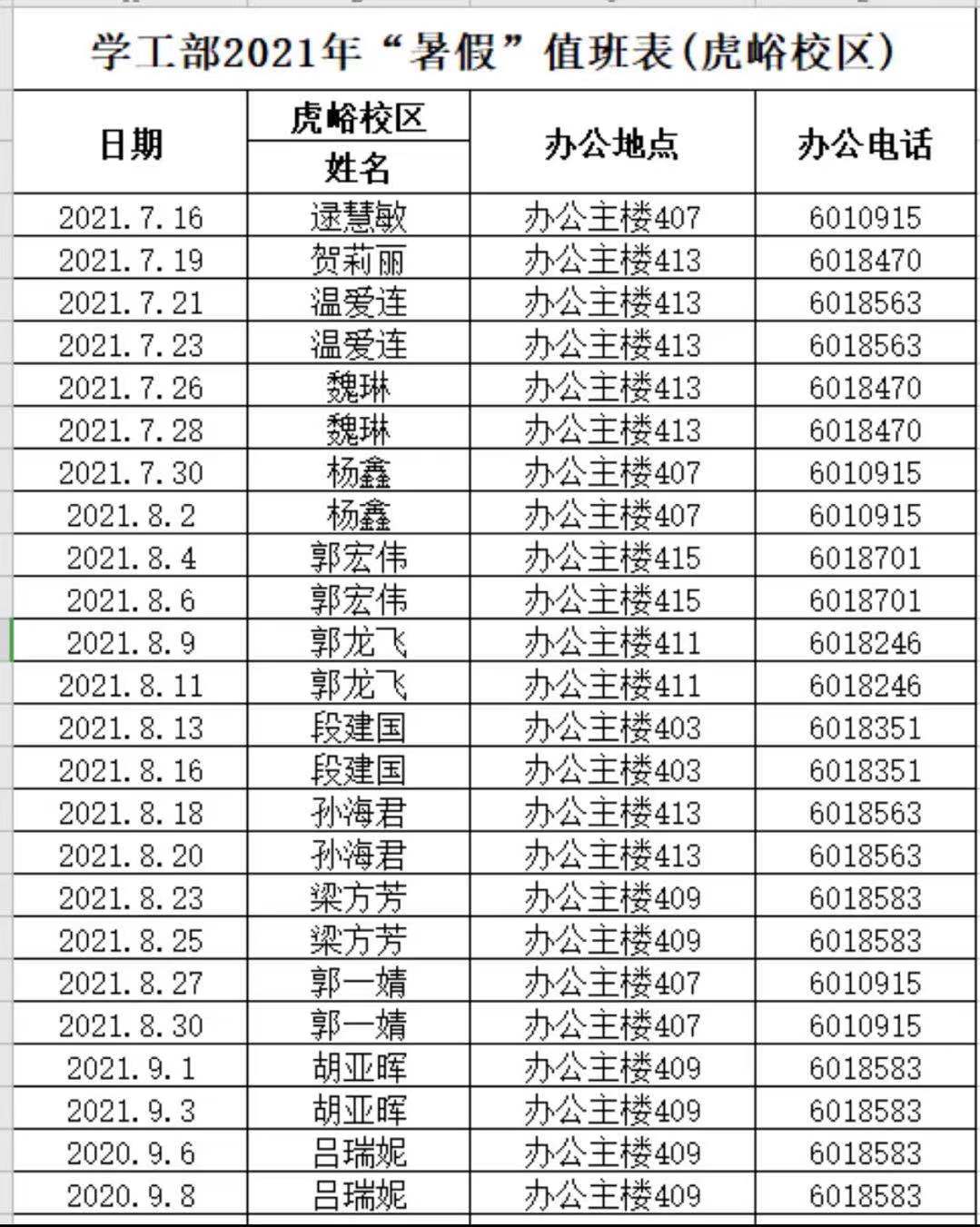威廉希尔部2021年暑假期间值班安排